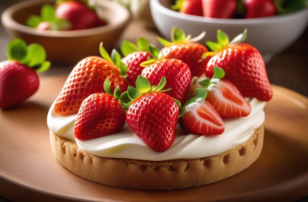 Foto delicioso pastel con crema y fresa.