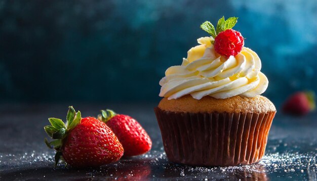 Delicioso pastel con crema en la mesa Delicioso postre Comida dulce Con fondo azul oscuro