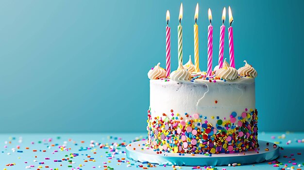 Un delicioso pastel de cumpleaños con cinco velas encendidas se sienta en una mesa azul el pastel está cubierto de glaseado blanco y cubierto con salpicaduras de arco iris