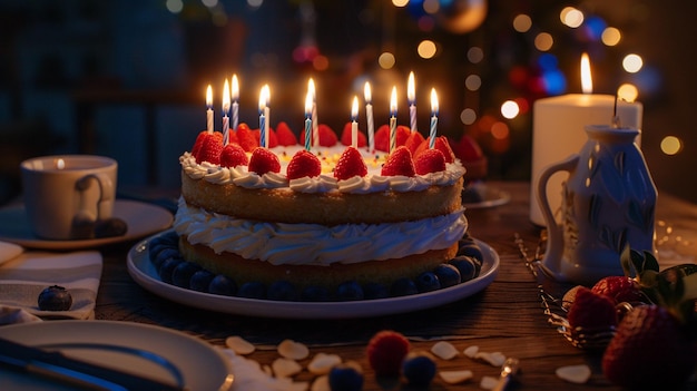 Delicioso pastel de cumpleaños con fresas en la parte superior