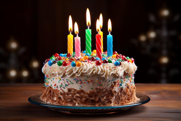 Foto delicioso pastel de cumpleaños hecho a mano con velas brillantes