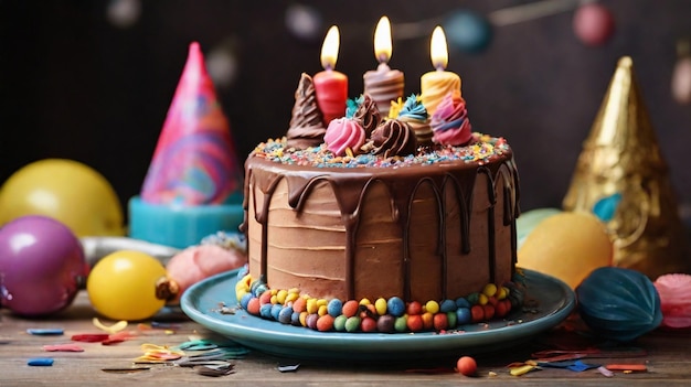 Delicioso pastel de cumpleaños con helado de chocolate y crema