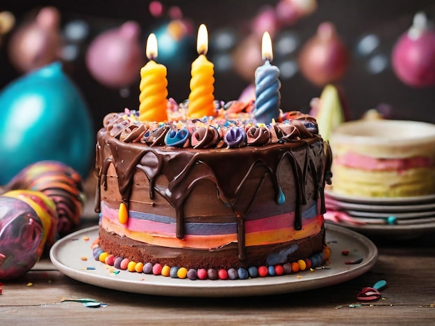 Delicioso pastel de cumpleaños con helado de chocolate y crema