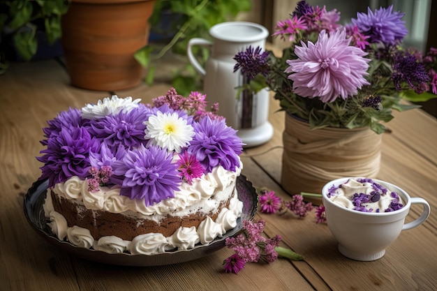 Un delicioso pastel de cumpleaños con helado y flores púrpuras en una mesa de madera para una ocasión especial