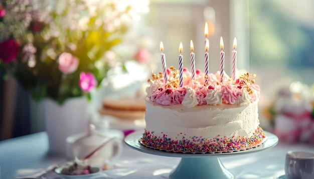 Un delicioso pastel de cumpleaños en una mesa decorada