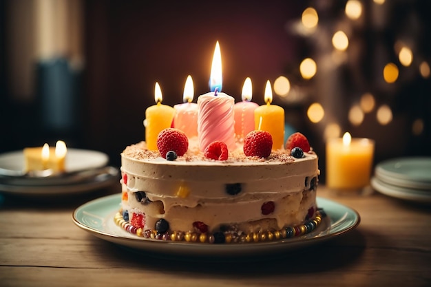 Delicioso pastel de cumpleaños con velas