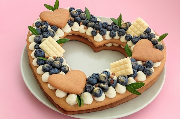 Delicioso pastel con forma de San Valentín decorado con arándanos y chocolate blanco