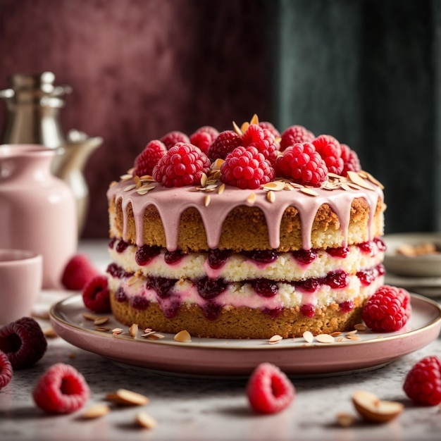 Un delicioso pastel de frambuesa con capas de esponja esponjosa y mermelada de frambuesas