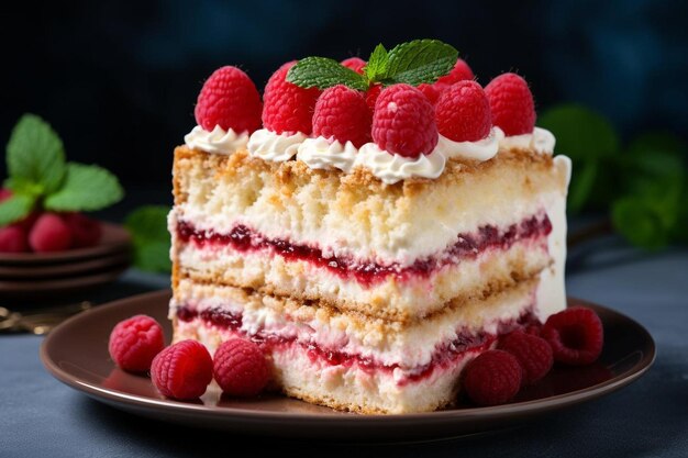 Delicioso pastel de frambuesa con fresas frambuesas y arándanos en el espacio de copia de mesa de madera