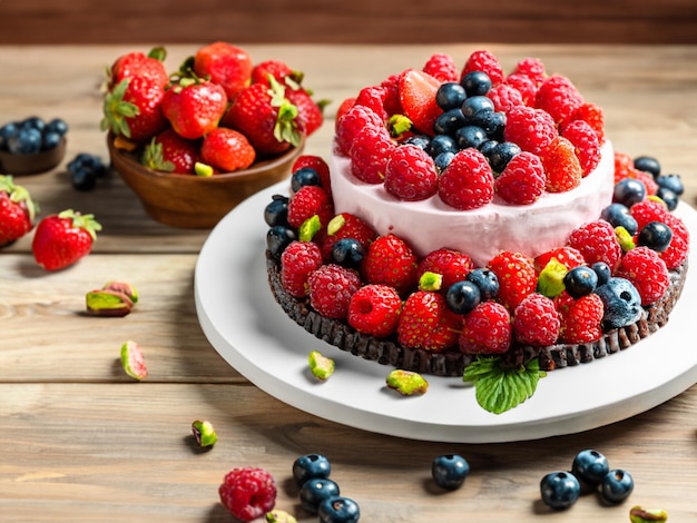 Delicioso pastel de frambuesa con fresas frescas, frambuesas, arándanos, grosellas y pistachos