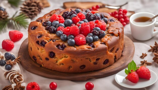 Delicioso pastel de frutas con arándanos y fresas en el plato de madera