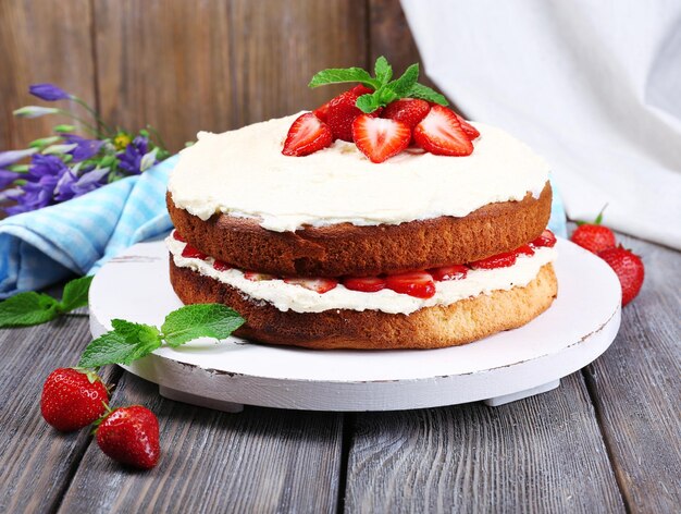 Delicioso pastel de galletas con fresas en la mesa sobre fondo de madera