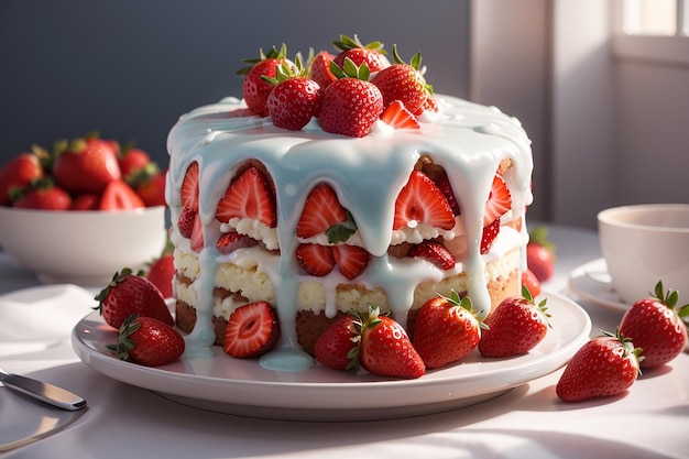 Delicioso pastel con glaseado y fresas.