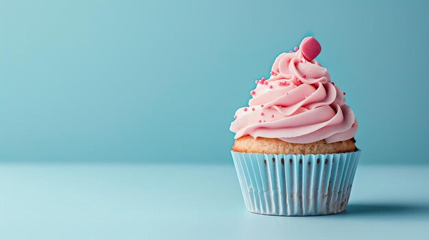 Foto un delicioso pastel con glaseado rosado y salpicaduras colocadas sobre un fondo azul