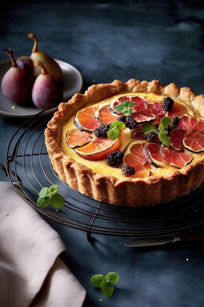 Delicioso pastel de higos decorado con rodajas de limón ai generativo