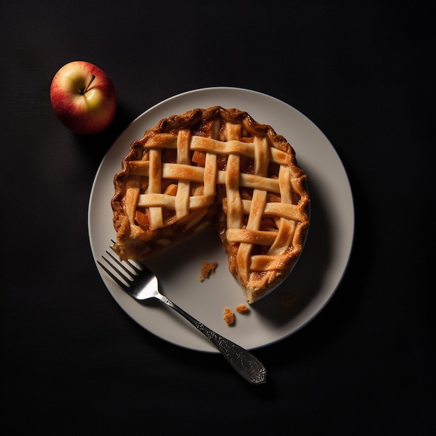 Un delicioso pastel de manzana en un plato con fondo oscuro