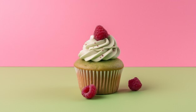 Delicioso pastel de matcha sobre un fondo rosado