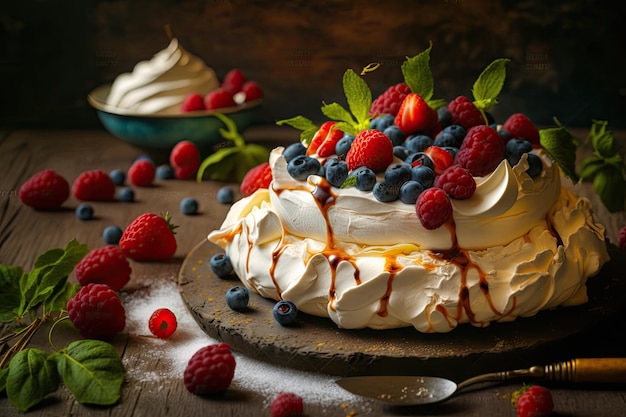 Delicioso pastel de merengue dulce con crema y bayas frescas encima