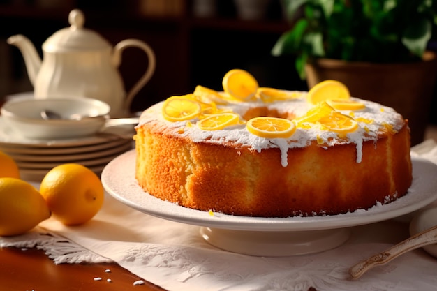 Delicioso pastel de pastel con limón en una mesa de madera Desayuno dulce generado por IA