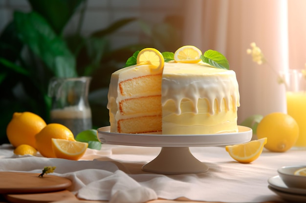 Delicioso pastel de pastel con limón en una mesa de madera Desayuno dulce generado por IA