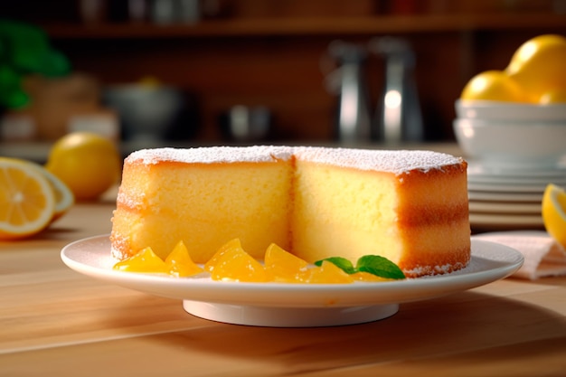 Delicioso pastel de pastel con limón en una mesa de madera Desayuno dulce generado por IA