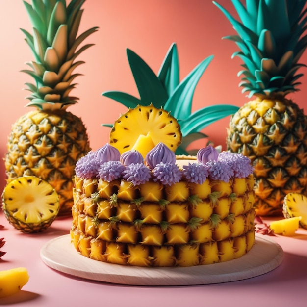 Delicioso pastel de piña recién horneado decorado con un fondo de comida saludable