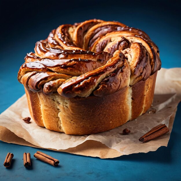 Foto delicioso pastel de postre comida de pastelería que anuncia un pan de canela con helado de chocolate en la parte superior