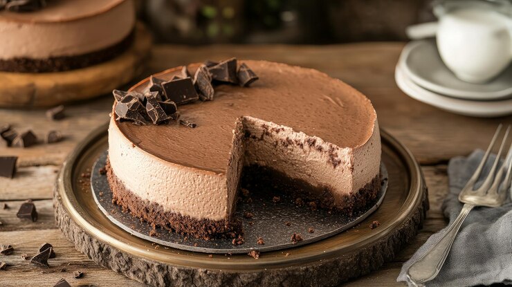 Delicioso pastel de queso de chocolate en una mesa de madera