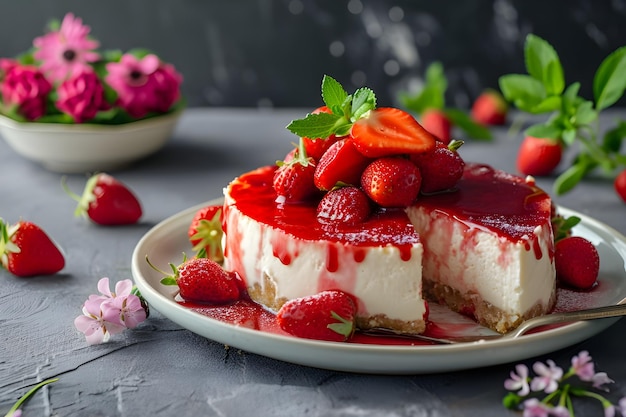 Delicioso pastel de queso de fresa de primavera con un sumptuoso acabado de salsa de fresa