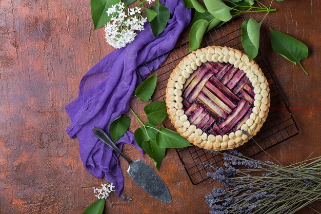 Delicioso pastel de ruibarbo casero con arándanos sobre un fondo oscuro