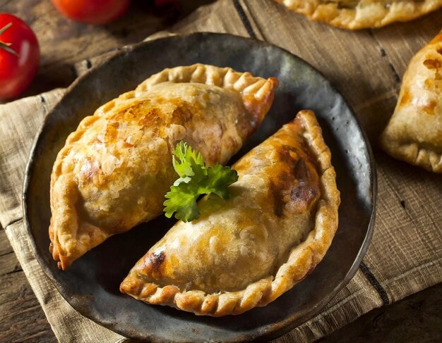 Delicioso pastel de samosa indio presentado en un plato con tomates y lechuga sobre una mesa de madera