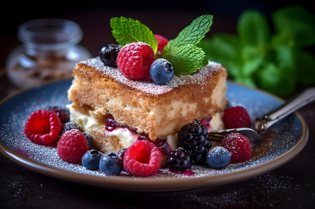 Delicioso pastel de tiramisú con bayas frescas