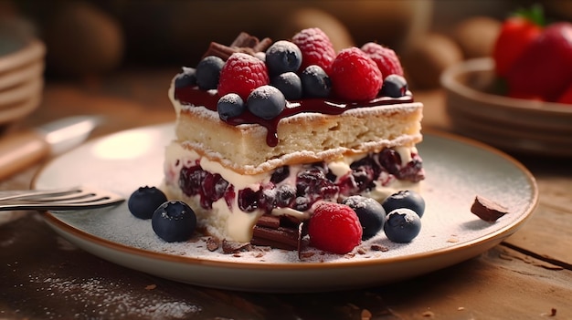 Delicioso pastel de tiramisu con bayas frescas