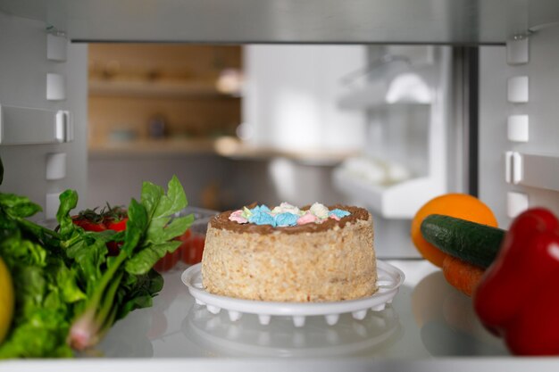 Foto delicioso pastel y verduras en el estante del frigorífico.