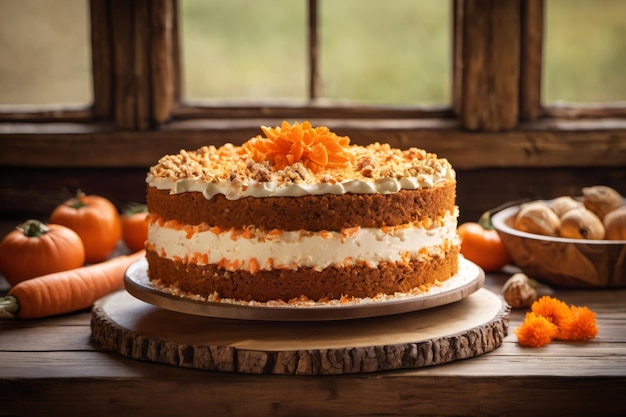 Delicioso pastel de zanahorias decorado con queso crema con una flor comestible hecha de zanaharias en la parte superior