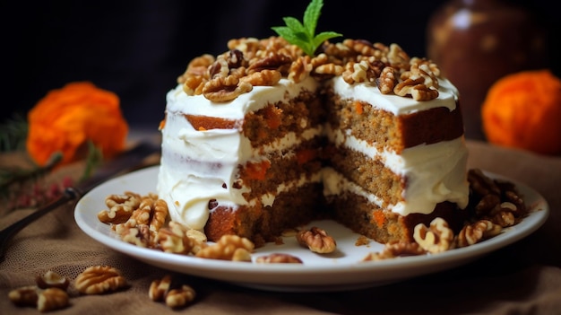 Delicioso pastel de zanahorias de nueces veganas con helado de crema de anacardo