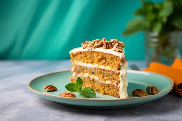 Delicioso pastel de zanahorias vegano en el fondo azul de aqua menthe