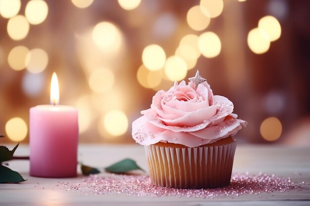 Delicioso pastelito de cumpleaños con crema rosa y vela IA generativa