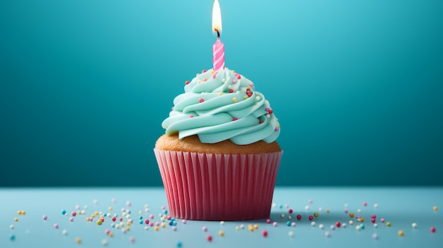 Delicioso pastelito de feliz cumpleaños con una vela encendida sobre un fondo de luz azul borroso generado por ai