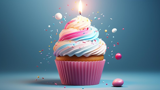 Delicioso pastelito de feliz cumpleaños con una vela encendida sobre un fondo de luz azul borroso generado por ai