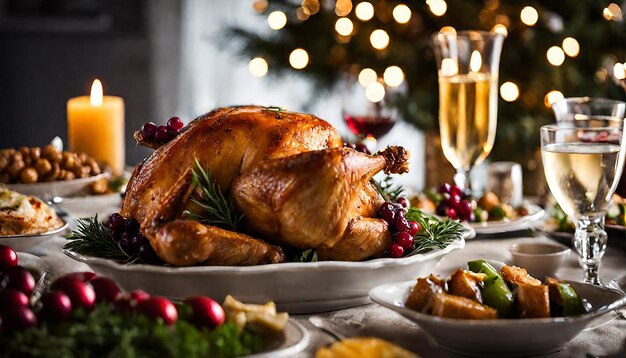 Foto delicioso pavo asado con una corteza crujiente para la cena de navidad candelabros de decoración para el hogar una fiesta