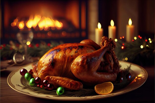 Un delicioso pavo asado en un plato sobre una mesa decorativa