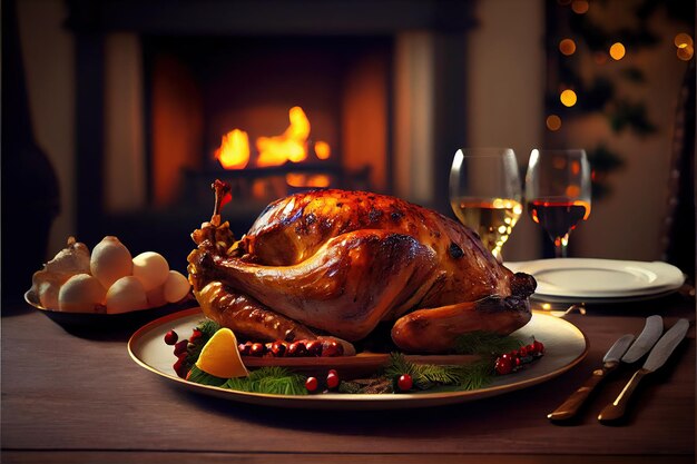 Un delicioso pavo asado en un plato sobre una mesa decorativa