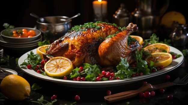 Foto delicioso pavo en un plato de madera con fondo borroso