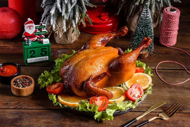 Delicioso pavo recién horneado con especias y hierbas para una mesa de vacaciones en familia. Celebraciones navideñas familiares