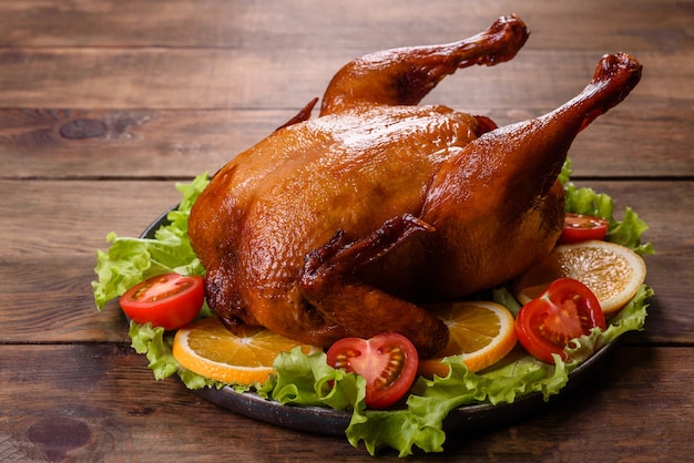 Delicioso pavo recién horneado con especias y hierbas para una mesa de vacaciones en familia. Celebraciones navideñas familiares