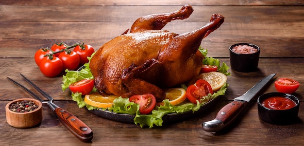 Delicioso pavo recién horneado con especias y hierbas para una mesa de vacaciones en familia. Celebraciones navideñas familiares