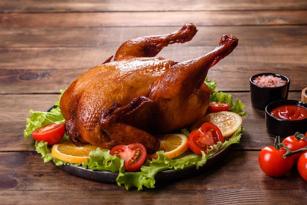 Delicioso pavo recién horneado con especias y hierbas para una mesa de vacaciones en familia. Celebraciones navideñas familiares