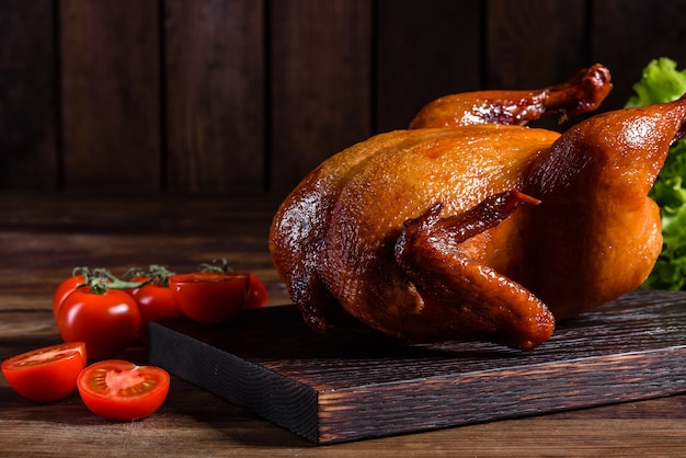 Delicioso pavo recién horneado con especias y hierbas para una mesa de vacaciones en familia