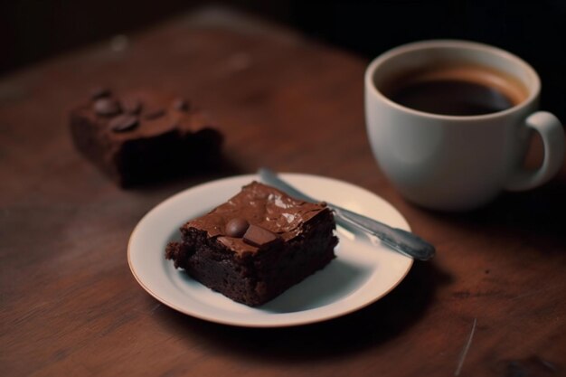 Delicioso pedaço de brownie junto com saboroso café quente ou cappuccino em mesa de madeira em cafeteria ou restaurante generativo ai